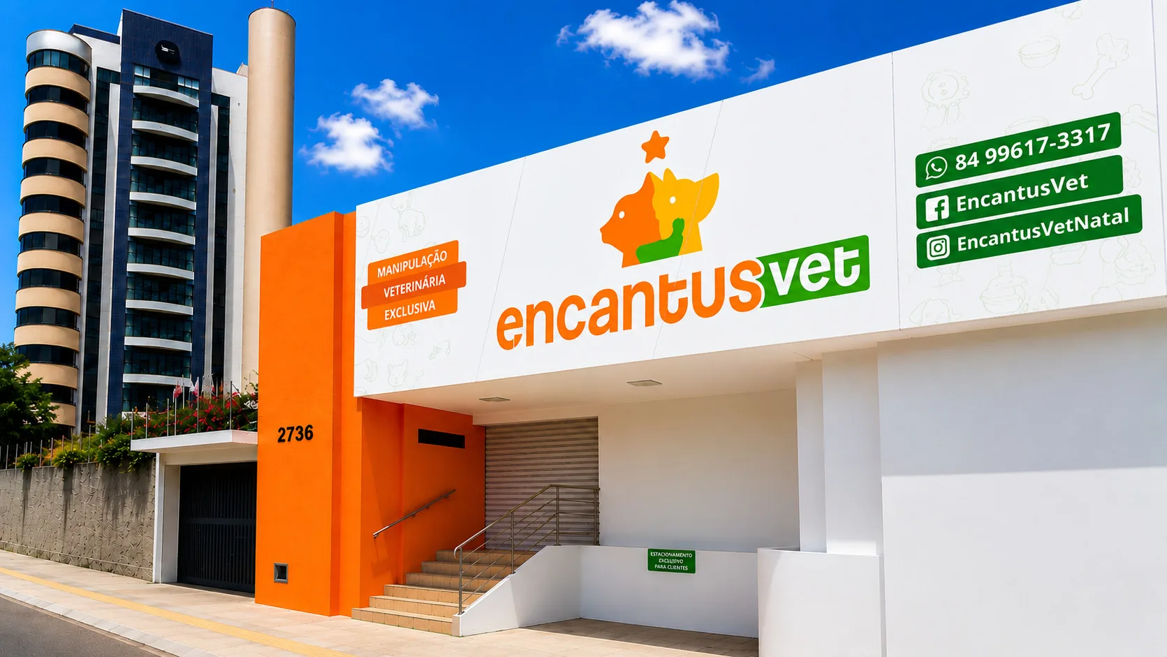 Fachada da Encantus Vet na Avenida Romualdo Galvão, em Natal