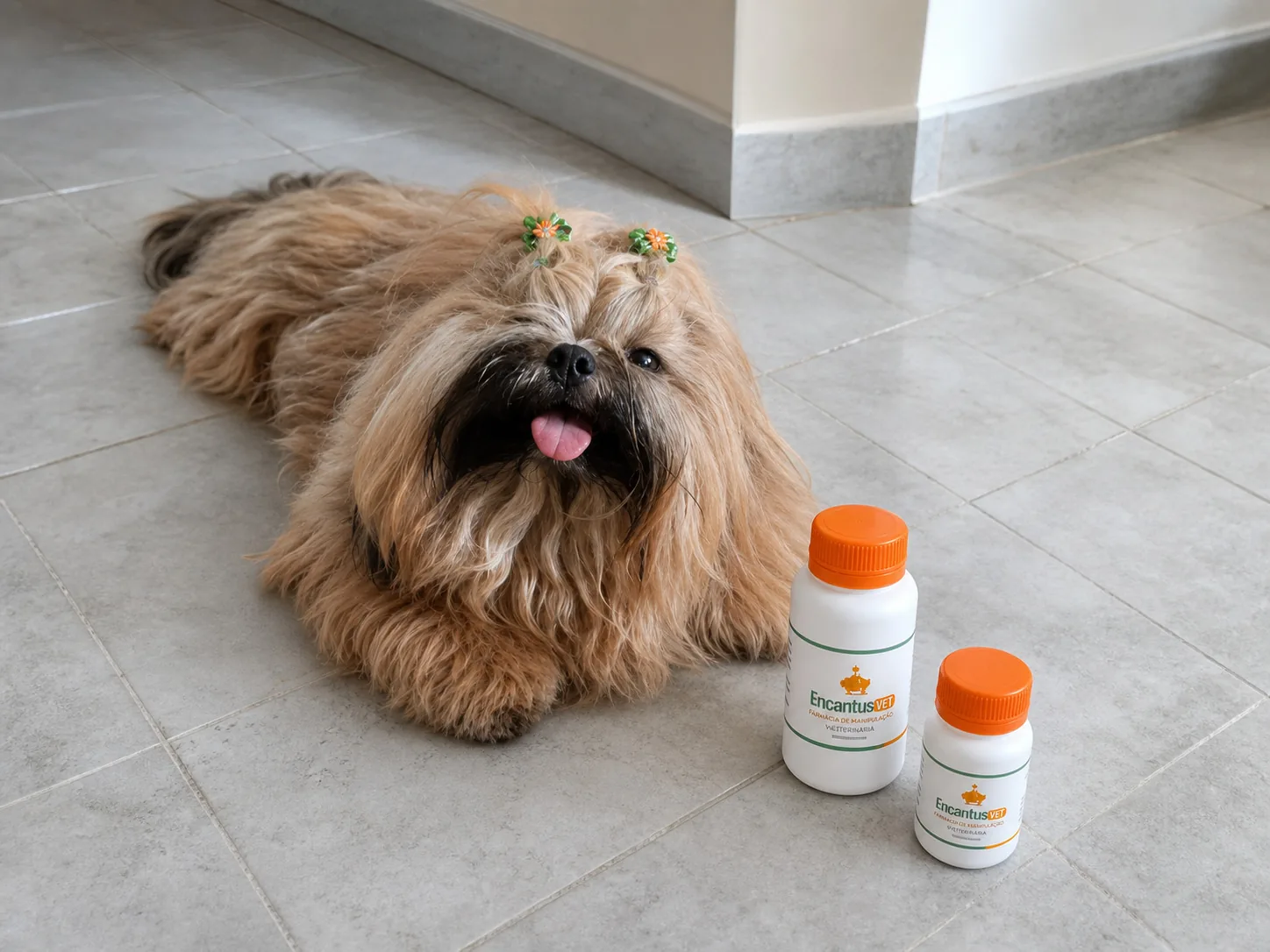 Cachorrinha ao lado de medicamentos personalizados da Encantus Vet